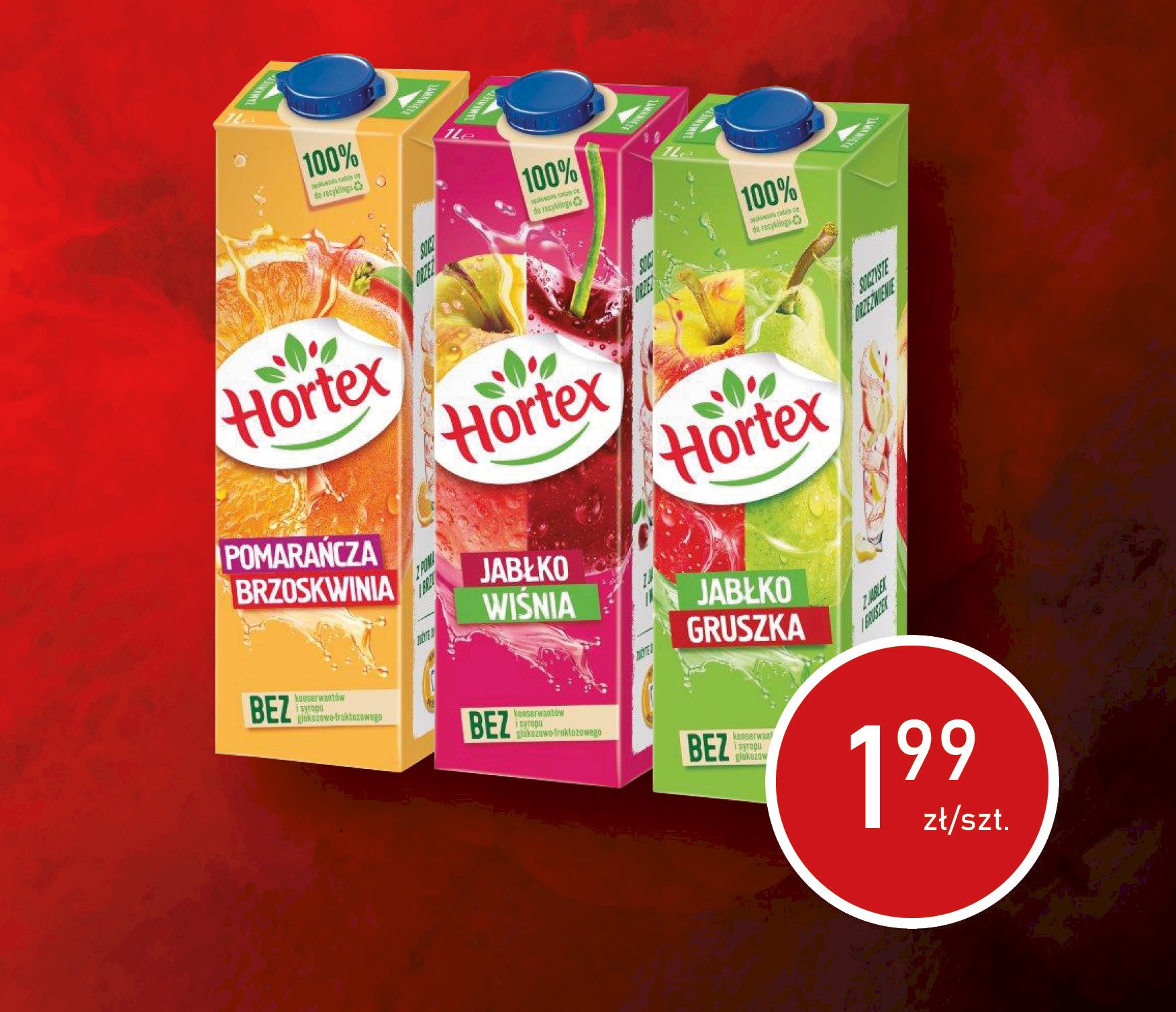 Hortex Napój 1L KARTON  Pomarańcz/Brzoskwinia. Hortex Napój 1L KARTON Jabłko/Wiśnia. Hortex Napój 1L KARTON Jabłko/Gruszka.
