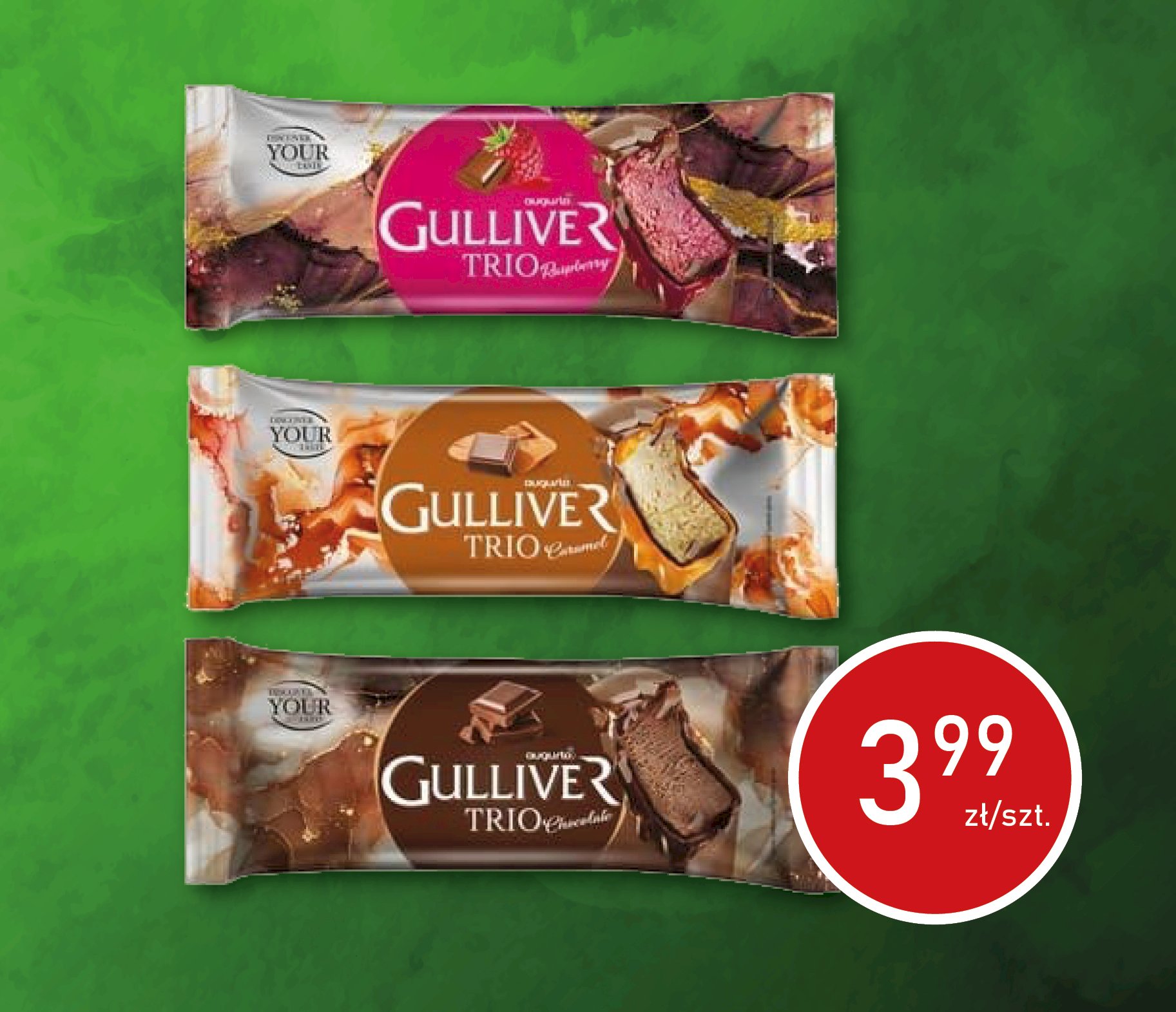 Gulliver Trio Caramel - waniliowe w polewie kakaowej, z sosem karmelowym, w czekoladzie mlecznej 90 ml Gulliver Trio Chocolate - czekoladowe w polewie kakaowej, z sosem czekoladowym, w czekoladzie mlecznej 90 ml Gulliver Trio Malina - malinowe w polewie kakaowej, z sosem malinowym, w czekoladzie mlecznej 90 ml