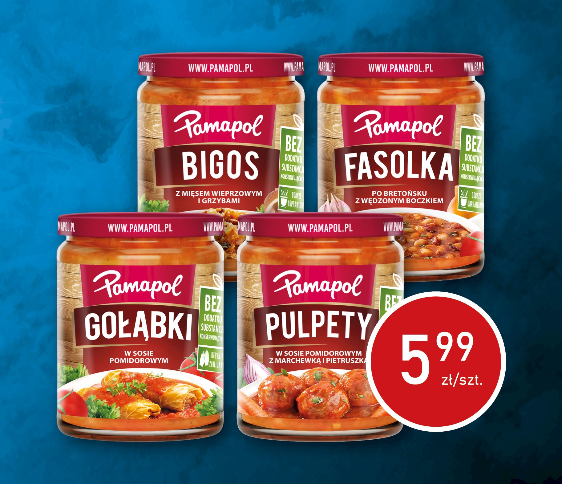 Pamapol 500G Bigos Domowy, Fasola Po Bret/Boczek., Gołąbki W/S Pomidorowym, Pulpety W/S Pomidorowym 500G